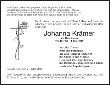 Traueranzeige von Johanna Krämer von Hohenloher Tagblatt