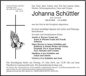 Traueranzeige von Johanna Schüttler von Hohenloher Tagblatt