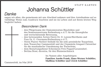 Traueranzeige von Johanna Schüttler von Hohenloher Tagblatt