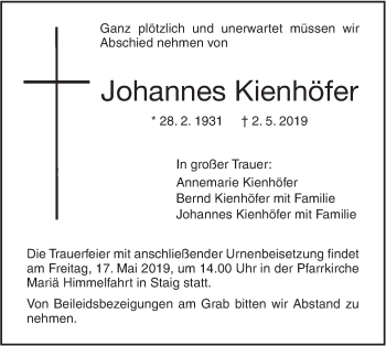 Traueranzeige von Johannes Kienhöfer von SÜDWEST PRESSE Ausgabe Ulm/Neu-Ulm