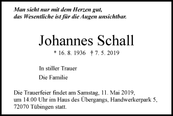 Traueranzeige von Johannes Schall von Hohenzollerische Zeitung