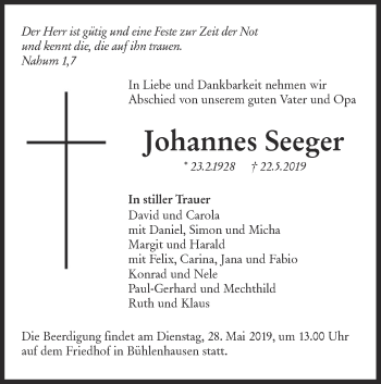 Traueranzeige von Johannes Seeger von SÜDWEST PRESSE