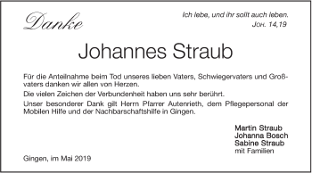 Traueranzeige von Johannes Straub von Geislinger Zeitung