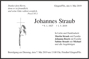 Traueranzeige von Johannes Straub von Geislinger Zeitung