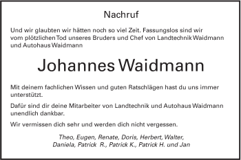 Traueranzeige von Johannes Waidmann von Alb-Bote/Metzinger-Uracher Volksblatt