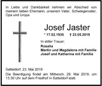 Traueranzeige von Josef Jaster von Hohenloher Tagblatt