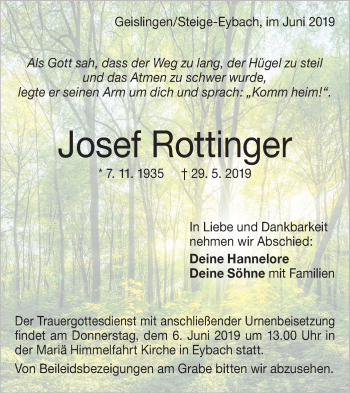 Traueranzeige von Josef Rottinger von Geislinger Zeitung