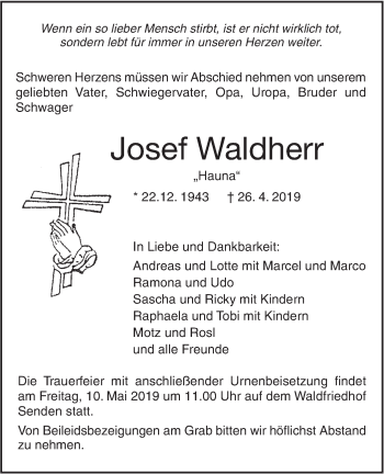 Traueranzeige von Josef Waldherr von SÜDWEST PRESSE Ausgabe Ulm/Neu-Ulm