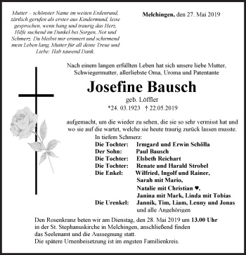 Traueranzeige von Josefine Bausch von Hohenzollerische Zeitung