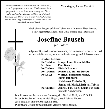 Traueranzeige von Josefine Bausch von Hohenzollerische Zeitung