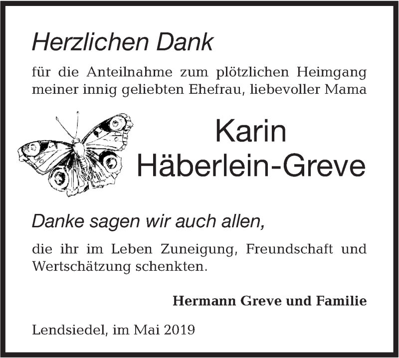  Traueranzeige für Karin Häberlein-Greve vom 29.05.2019 aus Hohenloher Tagblatt