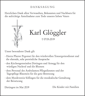 Traueranzeige von Karl Glöggler von SÜDWEST PRESSE Ausgabe Ulm/Neu-Ulm