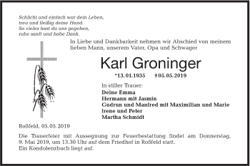 Traueranzeige von Karl Groninger von Hohenloher Tagblatt