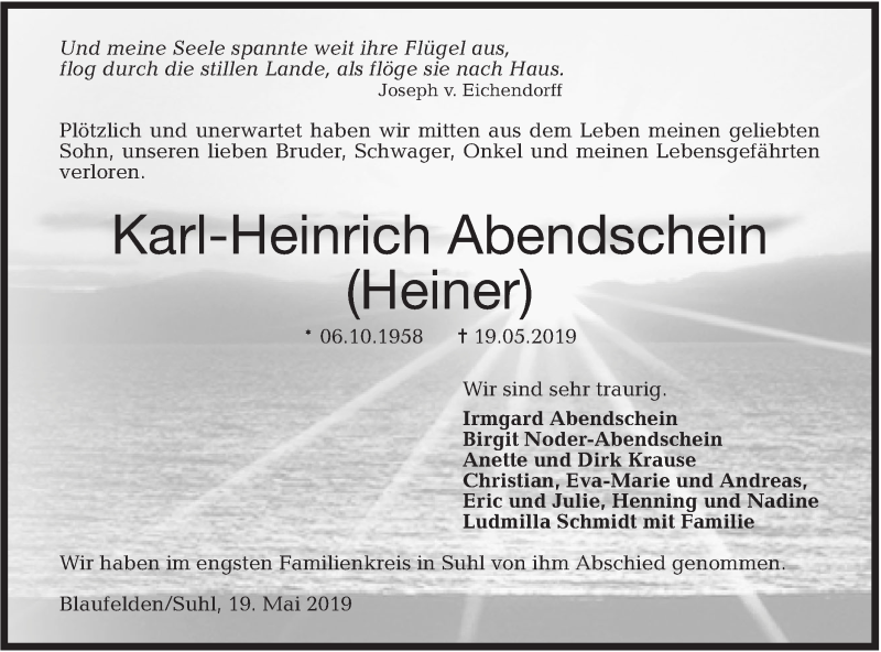  Traueranzeige für Karl-Heinrich Abendschein vom 07.06.2019 aus Hohenloher Tagblatt