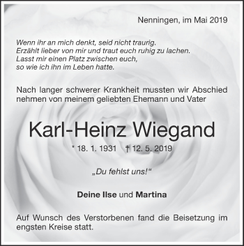 Traueranzeige von Karl-Heinz Wiegand von NWZ Neue Württembergische Zeitung