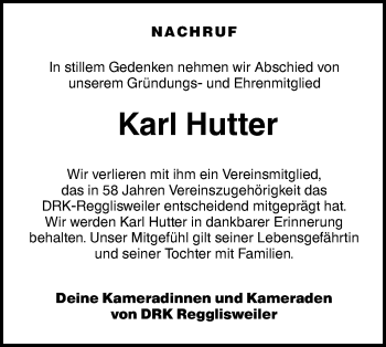 Traueranzeige von Karl Hutter von Illertal Bote