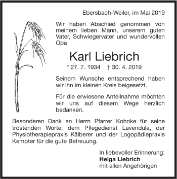 Traueranzeige von Karl Liebrich von NWZ Neue Württembergische Zeitung