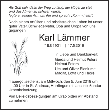 Traueranzeige von Karl Lämmer von SÜDWEST PRESSE Ausgabe Ulm/Neu-Ulm