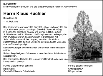 Traueranzeige von Klaus Huchler von Illertal Bote