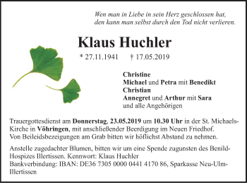 Traueranzeige von Klaus Huchler von Illertal Bote