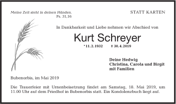 Traueranzeige von Kurt Schreyer von Haller Tagblatt