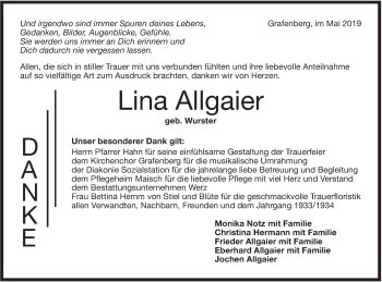 Traueranzeige von Lina Allgaier von Metzinger-Uracher Volksblatt