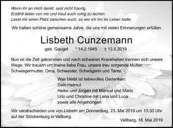 Traueranzeige von Lisbeth Cunzemann von Haller Tagblatt