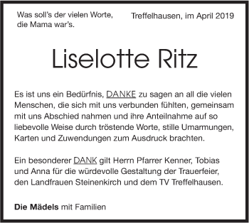 Traueranzeige von Liselotte Ritz von Geislinger Zeitung