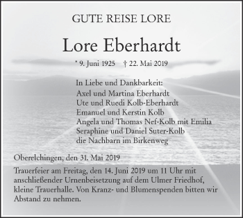 Traueranzeige von Lore Eberhardt von SÜDWEST PRESSE Ausgabe Ulm/Neu-Ulm