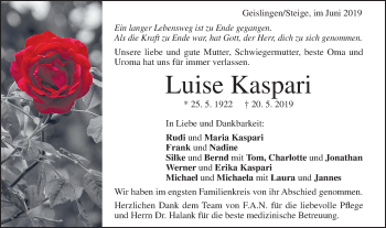 Traueranzeige von Luise Kaspari von Geislinger Zeitung