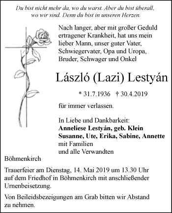 Traueranzeige von László Lestyán von Geislinger Zeitung