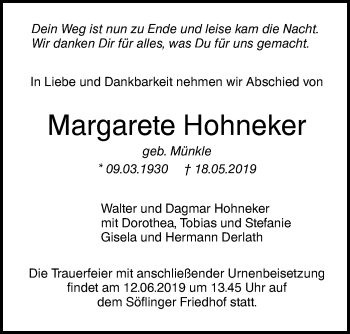 Traueranzeige von Margarete Hohneker von SÜDWEST PRESSE Ausgabe Ulm/Neu-Ulm