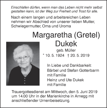 Traueranzeige von Margaretha Dukek von SÜDWEST PRESSE Ausgabe Ulm/Neu-Ulm