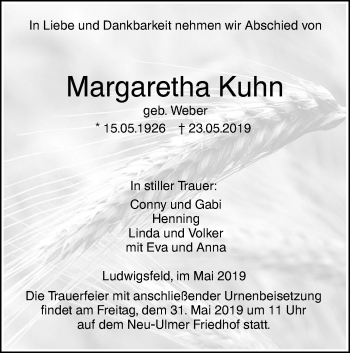 Traueranzeige von Margaretha Kuhn von SÜDWEST PRESSE Ausgabe Ulm/Neu-Ulm