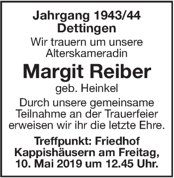 Traueranzeige von Margit Reiber von Metzinger-Uracher Volksblatt