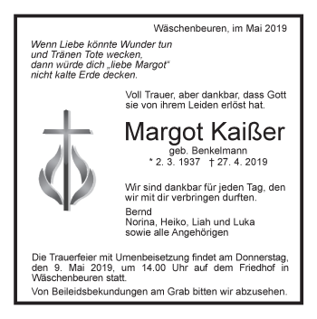 Traueranzeige von Margot Kaißer von NWZ Neue Württembergische Zeitung