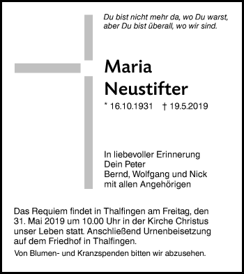 Traueranzeige von Maria Neustifter von SÜDWEST PRESSE Ausgabe Ulm/Neu-Ulm