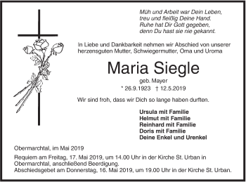 Traueranzeige von Maria Siegle von Ehinger Tagblatt