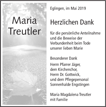 Traueranzeige von Maria Treutler von Alb-Bote/Metzinger-Uracher Volksblatt