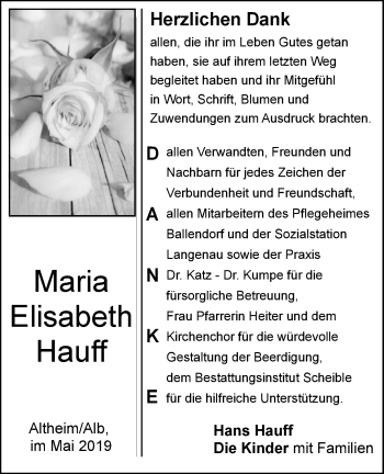 Traueranzeige von Maria Elisabeth Hauff von SÜDWEST PRESSE Ausgabe Ulm/Neu-Ulm