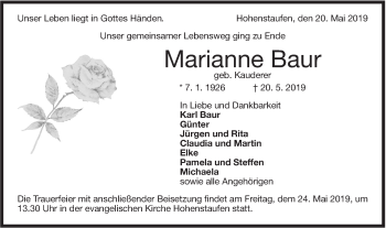 Traueranzeige von Marianne Baur von NWZ Neue Württembergische Zeitung