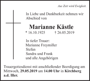 Traueranzeige von Marianne Kästle von Illertal Bote