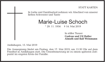 Traueranzeige von Marie-Luise Schoch von Hohenloher Tagblatt