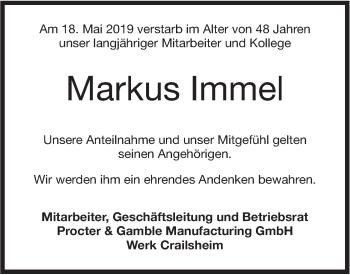 Traueranzeige von Markus Imme von Hohenloher Tagblatt