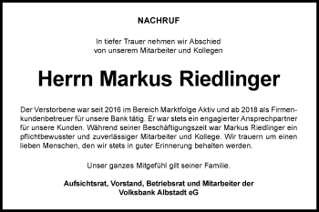 Traueranzeige von Markus Riedlinger von Hohenzollerische Zeitung