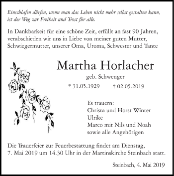 Traueranzeige von Martha Horlacher von Haller Tagblatt