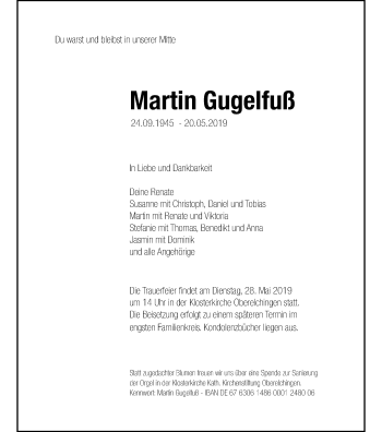 Traueranzeige von Martin Gugelfuß von SÜDWEST PRESSE Ausgabe Ulm/Neu-Ulm