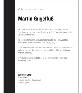 Traueranzeige von Martin Gugelfuß von SÜDWEST PRESSE Ausgabe Ulm/Neu-Ulm