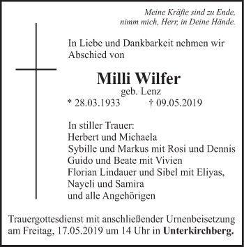 Traueranzeige von Milli Wilfer von SÜDWEST PRESSE Ausgabe Ulm/Neu-Ulm