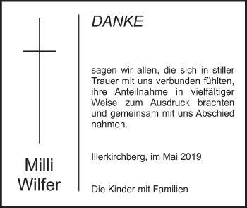 Traueranzeige von Milli Wilfer von SÜDWEST PRESSE Ausgabe Ulm/Neu-Ulm